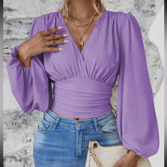 Boho Classic Elegant VNeck Pleated Smocked Long Sleeve Cropped Top Blouse Shirt - Picture 8 of 12